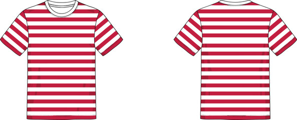 Obraz premium Red and white striped short sleeve t-shirt front and back view isolated on white background for fashion apparel design