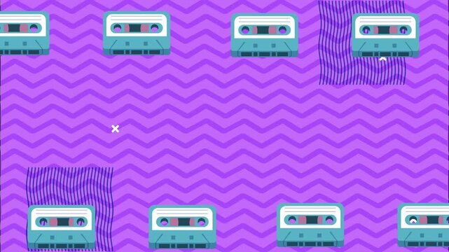 Retro cassette tape animation on purple zigzag background with vintage pop art aesthetic and smooth motion.