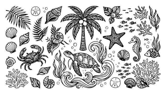 Tropical marine life set with detailed illustrations featuring palm tree, seahorse, starfish, crab with seashells, coral and seaweed