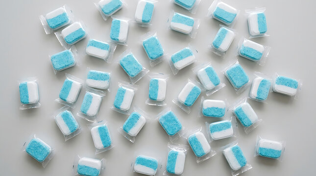 Multiple blue and white dishwasher detergent tablets on a plain white background for home cleaning