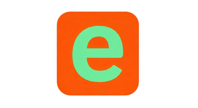Orange square icon with green lowercase e letter isolated on transparent background
