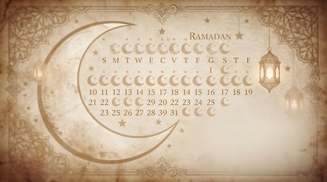 Ramadan calendar with 30 days countdown for fasting in holy month with Islamic ornaments and lanterns