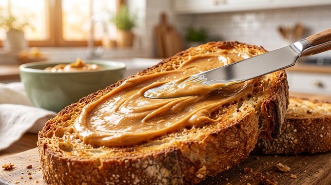 Commercial lifestyle stock photo of a person spreading creamy peanut butter onto golden toasted bread with a butter knife in a bright modern kitchen.