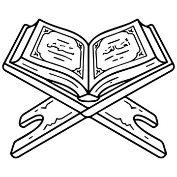 Black and white line art vector icon of an open quran on a wooden book stand with religion, scripture