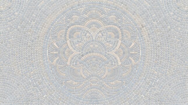 Intricate stone mosaic floor pattern, circular mandala paving design. Light gray marble tile texture, architectural pavement art.