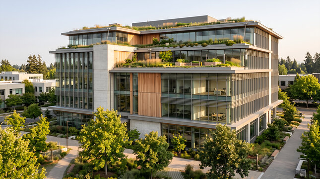 Green roof office building with sustainable architecture and rooftop vegetation for energy-efficient real estate, ESG communication, and corporate sustainability projects.