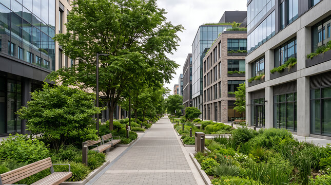Climate-resilient urban corridor combining sustainable architecture, ecological landscaping, and green infrastructure for city planning and corporate sustainability projects.