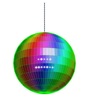 Vibrant Rainbow Disco Ball with Green Grid Wireframe and Sparkling Highlights Isolated on White Background for Party Music Design