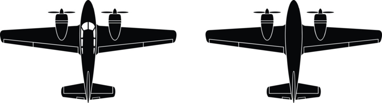 Two black silhouette icons of twin engine propeller aircraft viewed from above, isolated on a white background, for aviation