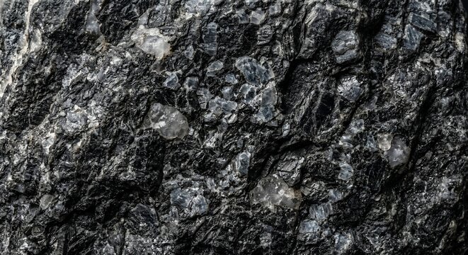 Dark granite rock surface with rough crystalline mineral texture closeup