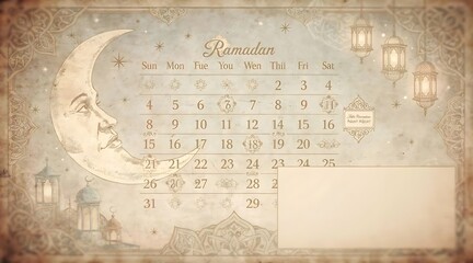 Fototapeta premium Vintage Aesthetic Ramadan Calendar with Crescent Moon Illustration and Traditional Lanterns Background