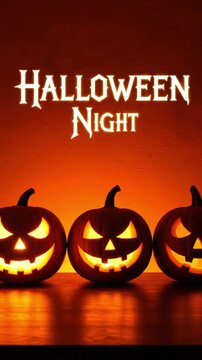 Three illuminated jack o lanterns glowing with spooky atmosphere in this festive motion video clip for haunted holiday party themes