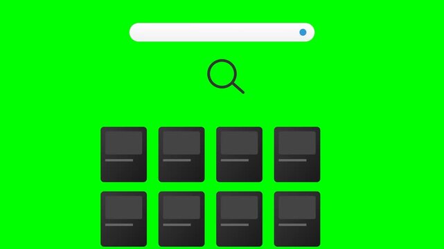 Modern Web Search Interface Animation with Thumbnail Cards Organizing into a Grid on Green Screen