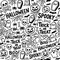 Fototapeta premium Black and white Halloween doodle pattern with pumpkins, skulls, and spooky text on white background