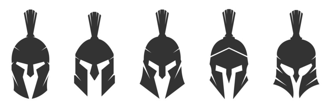 Set of black spartan gladiator helmet silhouette vector illustration isolated on white background