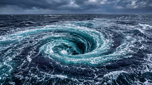 Ocean whirlpool with twisting marine currents stormy sky, powerful natural water vortex creating dramatic movement and energy