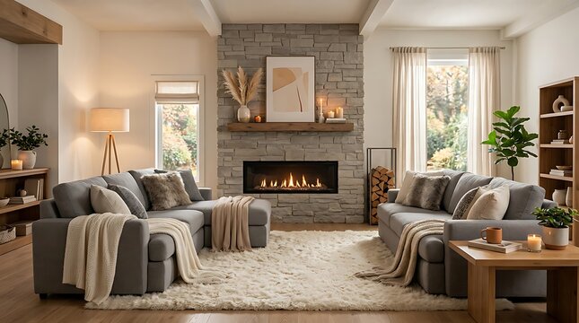 Cozy Modern Living Room Interior with Stone Fireplace, Grey Sofas, and Warm Neutral Decor Accents