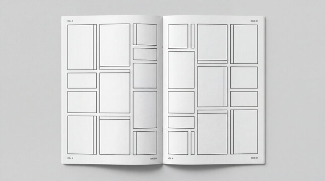Minimal editorial zine grid layout with blank white pages and black rectangular frames for content placement in clean design