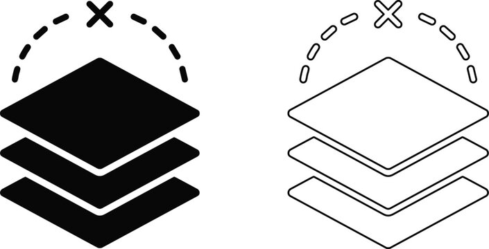 Black silhouette and outline icons of stacked layers with a curved arrow, isolated on a white background, interface