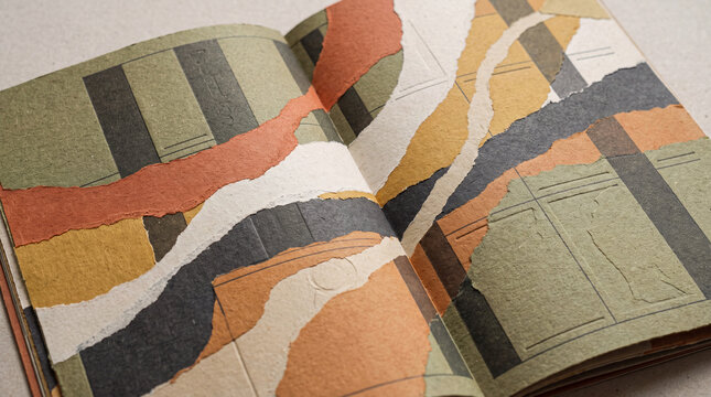 Abstract torn paper collage with earthy tones and textured layers open book spread, artistic and organic editorial zine grid