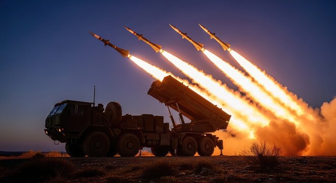 A heavy military transport vehicle launches a series of powerful missiles into the evening sky, leaving behind bright trails of orange fire, technology, power, evening