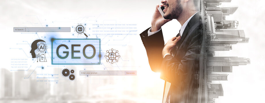 Digital marketing concept featuring GEO strategy. Generative AI search visual shows GEO interface integrating intelligence, logic, and AI input system for prompt tasks. Corpus
