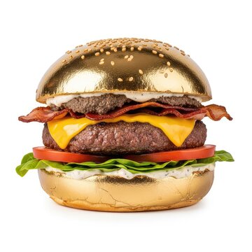 A luxurious golden hamburger featuring a metallic gold bun and premium ingredients, isolated against a plain white background for design, feast, metallic, creative