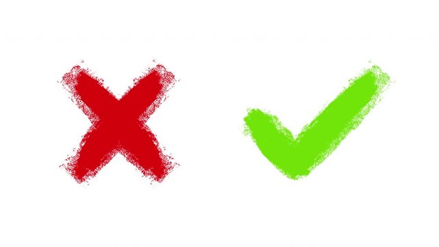  Red X Cross and green check brush marks on transparent background for wrong and correct choices, 4K Animation