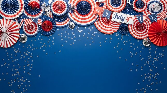 Festive patriotic background with colorful paper fans and sparkling confetti elements