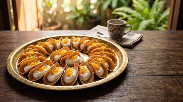 Traditional Thai Khanom Buang Crispy Crepes on Brass Tray