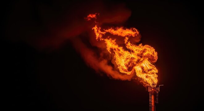 A powerful industrial gas flare burns brightly against a deep black night sky casting a warm orange glow with flickering flames and smoke, pipe, energy, power