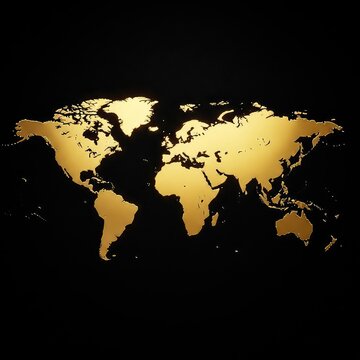 A shimmering metallic gold world map silhouette on a deep black textured background, showcasing elegant continents with luxury lighting, world, background, international