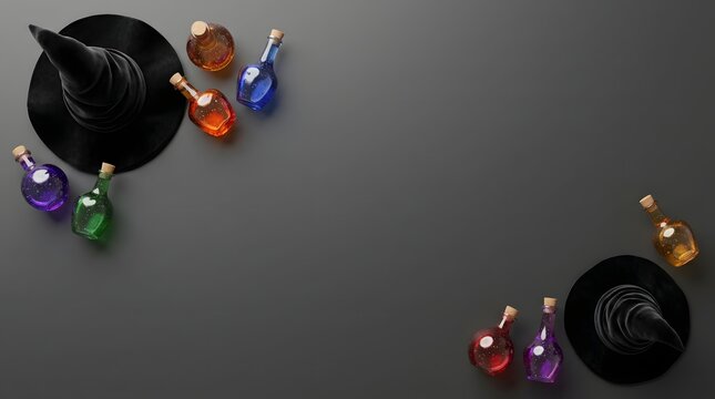 Halloween witch hats and colorful magic potion bottles on dark background