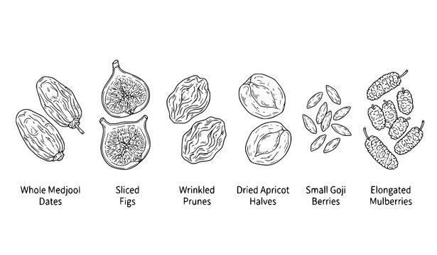 Assorted dried fruit date fig prune apricot goji mulberry black line vector collection