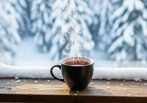 A steaming ceramic mug of dark black tea sits on a rustic wooden sill, overlooking a silent, snow-covered forest during a cold winter day, cold, warmth, medicinal