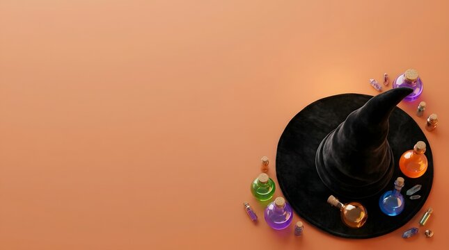 Black witch hat and colorful magic potion bottles on orange background