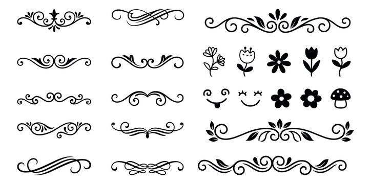 Set of elegant calligraphic swirls, page separators, and cute cartoon flower doodles in black line art.