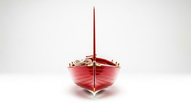 A vibrant red wooden boat sits centered against a clean white backdrop, showcasing classic nautical design and elegant maritime simplicity, wooden, nautical, ship