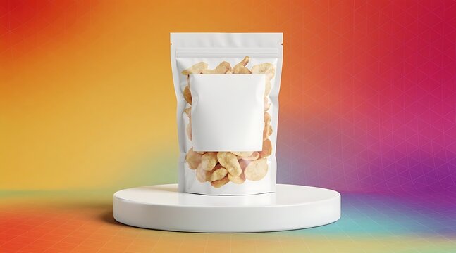 White Plastic Snack Pouch Mockup on Podium with Colorful Geometric Background for Branding Design