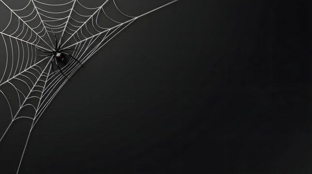 Black spider on intricate web with dew drops against dark background