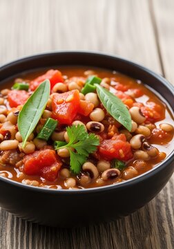 Close-up view of a hearty stew with black eyed peas, fresh tomatoes, and green herbs served in a dark ceramic bowl on a rustic wooden table, protein, close-up, legume