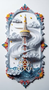 Detailed paper quilling of a tall lattice tower surrounded by swirling white clouds and intricate filigree patterns in a craft style, handmade, lattice tower, pattern
