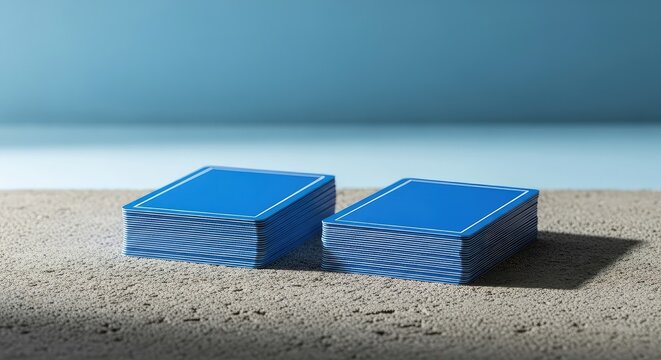 Dos montones de tarjetas azules sobre textura de cemento gris bajo luz natural, con un fondo minimalista en tonos azules coordinados, background, pile, natural light