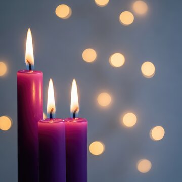 Elegant purple candles with bright burning flames set against a soft bokeh light background for festive holiday cards and product displays, aesthetic, graphic, mystery