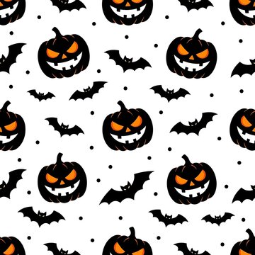 Seamless spooky Halloween background pattern with black pumpkins and flying bats on white