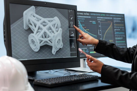 Engineer uses a touchscreen monitor to review a 3d model of a mechanical frame beside test data charts in a modern design office.