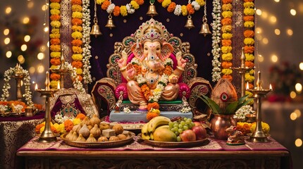 Fototapeta premium Vibrant Ganesh Chaturthi Puja Scene with Golden Idol Modaks Fruits and Traditional Decor Stock Photo and coconut puja 