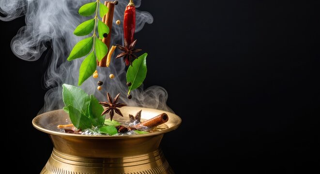 Fresh green curry leaves and dried spices dropped into a steaming hot herbal broth inside a vintage brass vessel with rising vapor clouds, gold, culinary, spicy