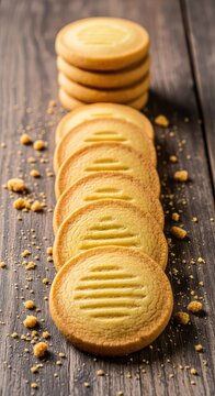 Golden brown shortbread cookies arranged on a rustic wooden table with crumbs scattered around, showcasing a buttery and crumbly texture, flour, sugar, table