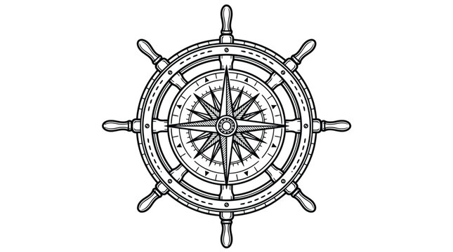 Vintage ship steering wheel compass illustration